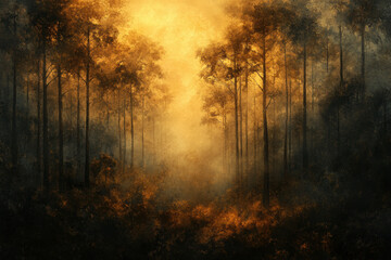 Dark forest with eerie, yellow and black trees shrouded in mist, creating a haunting and mysterious atmosphere.
