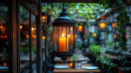 Hanging lantern with lit candle in a cozy outdoor restaurant setting.