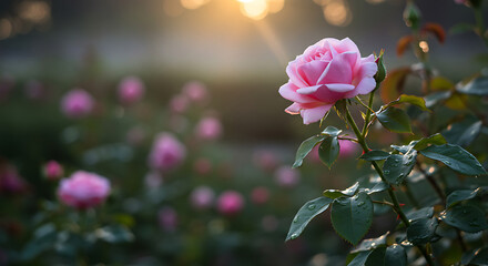 Obraz premium Delicate pink rose bloom with dew drops, bathed in soft golden sunrise light, blurred garden background, concept for romance, spring celebration and natural beauty promotion