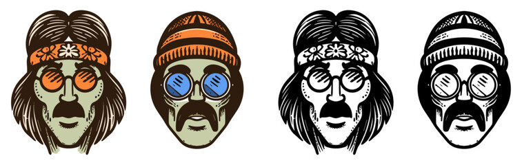 Hippie Portraits: A collection of illustrative hippie portraits, with an assortment of styles and moods, featuring headbands, sunglasses, and other iconic elements.