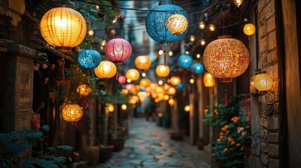 Illuminated alleyway with colorful lanterns hanging above cobblestone path at night.