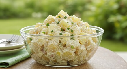 Creamy Potato Salad in Glass Bowl - Delicious potato salad, perfect for summer gatherings. Symbolising freshness, togetherness, comfort food, simple pleasures, and backyard fun