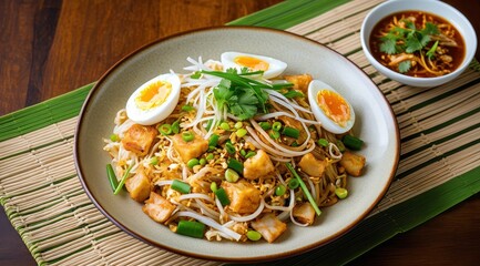 A vibrant plate of pad Thai with chicken, topped with soft-boiled eggs, bean sprouts, lime, and garnished with cilantro and green onions