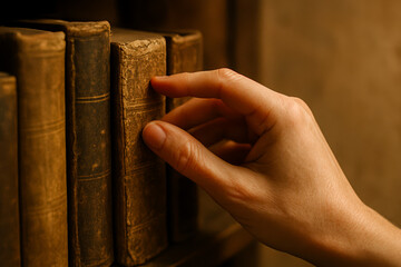 Hand Reaching for Antique Book on Wooden Shelf Closeup