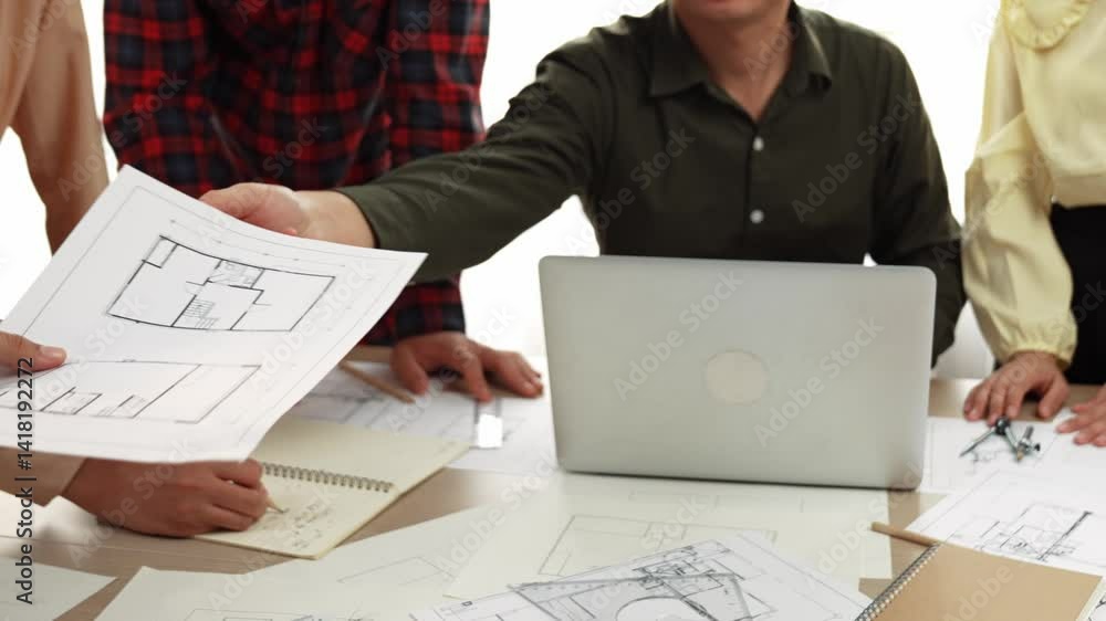 Poster smart architect and safety engineer discussion about building plan on table with architectural docum