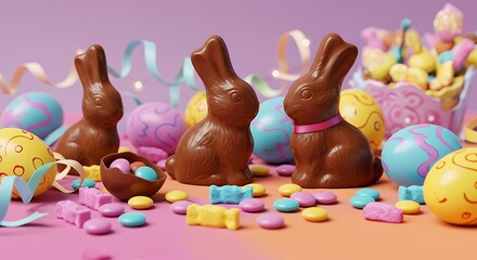 Delicious Easter chocolate bunnies and eggs arranged on a colorful table, surrounded by pastel-colored ribbons and candy