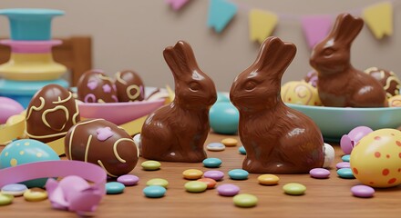 Delicious Easter chocolate bunnies and eggs arranged on a colorful table, surrounded by pastel-colored ribbons and candy