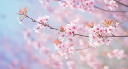 Fototapeta premium Delicate Pink Blossoms in Spring - Soft focus of delicate pink cherry blossoms on a branch, bathed in soft sunlight. Perfect for spring themes