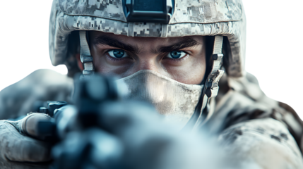 Closeup of soldier aiming weapon intense gaze military gear