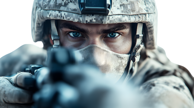 Closeup of soldier aiming weapon intense gaze military gear