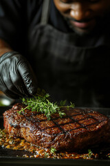 Chef placing meat on plate with precision, surrounded by vibrant vegetables and garnishes, in a bustling restaurant kitchen.