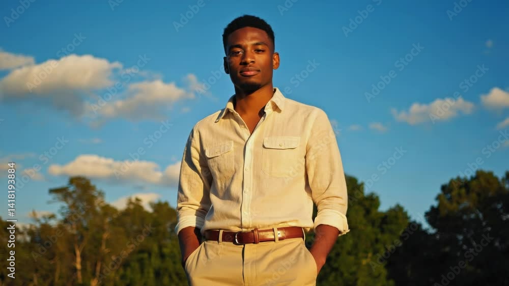 Poster A person standing in an open field with trees visible in the background.