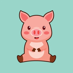 Cute pig cartoon vector mascot sitting simple minimalist flat isolated