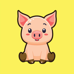 Cute pig cartoon vector mascot sitting simple minimalist flat isolated