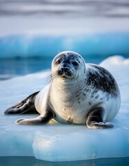 Ringed seal resting on the ice, speckled fur in clear detail