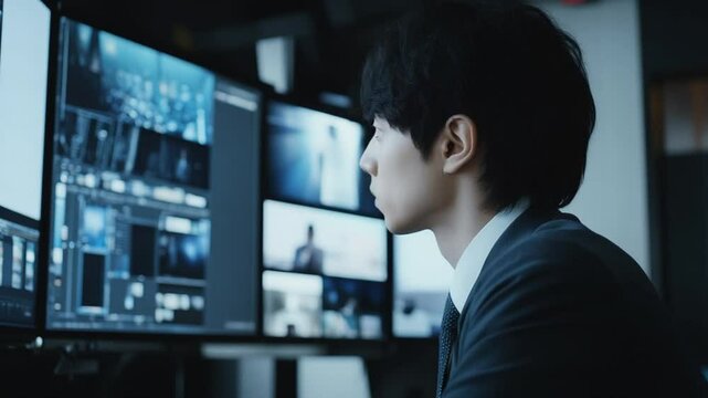 Young businessman in suit monitoring live feeds on multiple computer screens intently