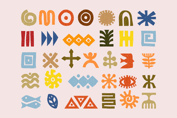 Hand drawn African, Mexican and Aztecs tribal elements collection with grain texture