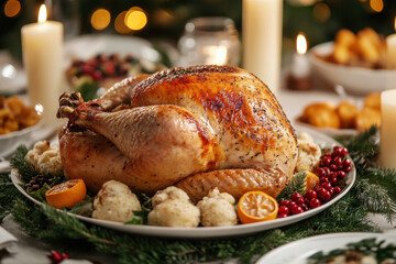 Turkey on plate, surrounded by candles & Christmas decor.
