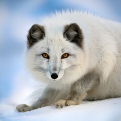 Naklejka premium Arctic fox curled up in the snow, hiding its paws from the cold