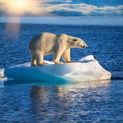Naklejka premium Polar bear standing on a floating iceberg, sunlight reflecting on the ice
