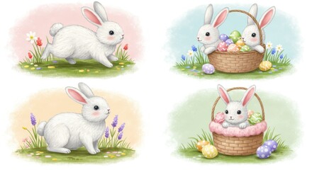 Obraz premium Easter Bunnies Pastel Spring Collection - Four adorable bunnies celebrate Easter. Pastel colors, springtime flowers, and baskets of eggs symbolize joy, new beginnings, spring, and celebration
