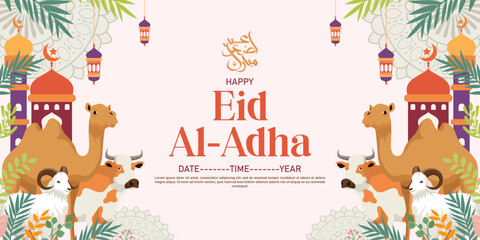 happy eid al-adha background with illustration of camel, sheep and mosque background