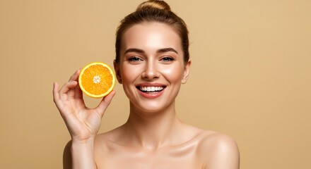 Portrait of joyful woman with bun hairstyle and fresh orange slice