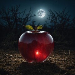 A glass apple under moonlight.