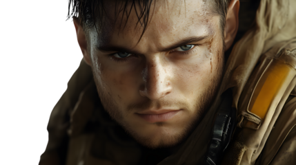 Closeup portrait of a determined man intense gaze dirty face military style clothing