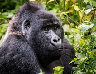 Obraz premium Mountain gorilla sitting among dense vegetation, deep in thought