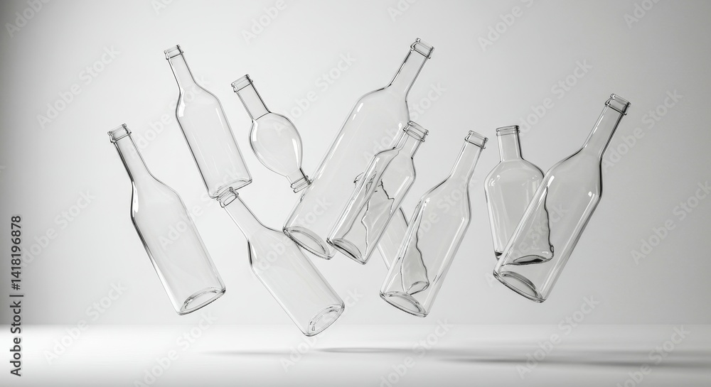 Poster floating glass bottles - multiple empty glass bottles float in mid-air against a white background. c