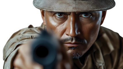 Closeup portrait of a man aiming a rifle intense expression dark background