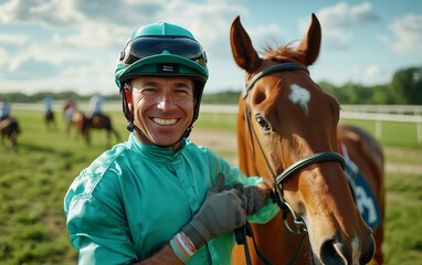 Obraz premium Joyful Jockey and Horse Embrace the Race Track Triumph