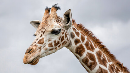 Naklejka premium Giraffe neck and head in profile, intricate spotted pattern, soft shadows, minimalist white studio setting