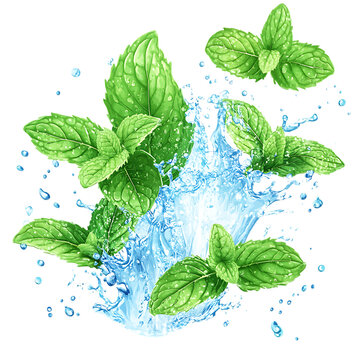green mint leaves splashing water clip art preview