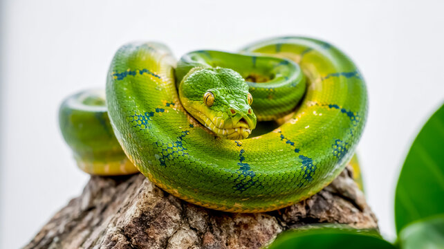 Green tree python coiled on a rock, scales glistening, white background, macro photography