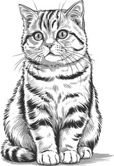 Fototapeta premium Black and White Line Drawing of a Sitting British Shorthair Cat – Hyperrealistic Vector Illustration with Detailed Fur Texture and Expressive Eyes, Perfect for Prints, Posters, and Pet-Themed Designs 