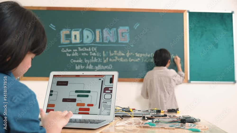 Poster girl writing engineering prompt by using ai software or programing system to generate ai on table wi