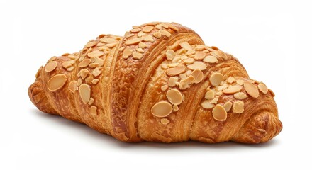 Freshly Baked Almond Croissant on White - Golden-brown croissant, almond topping, flaky layers, delicious pastry, breakfast treat. Symbolizing: bakery, indulgence, breakfast, warmth, sweetness
