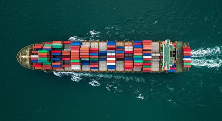 Fototapeta premium Global Cargo Ship Ocean Freight Vessel - A massive cargo ship sails the ocean, symbolizing global trade, international shipping, logistics, import/export, and economic connectivity