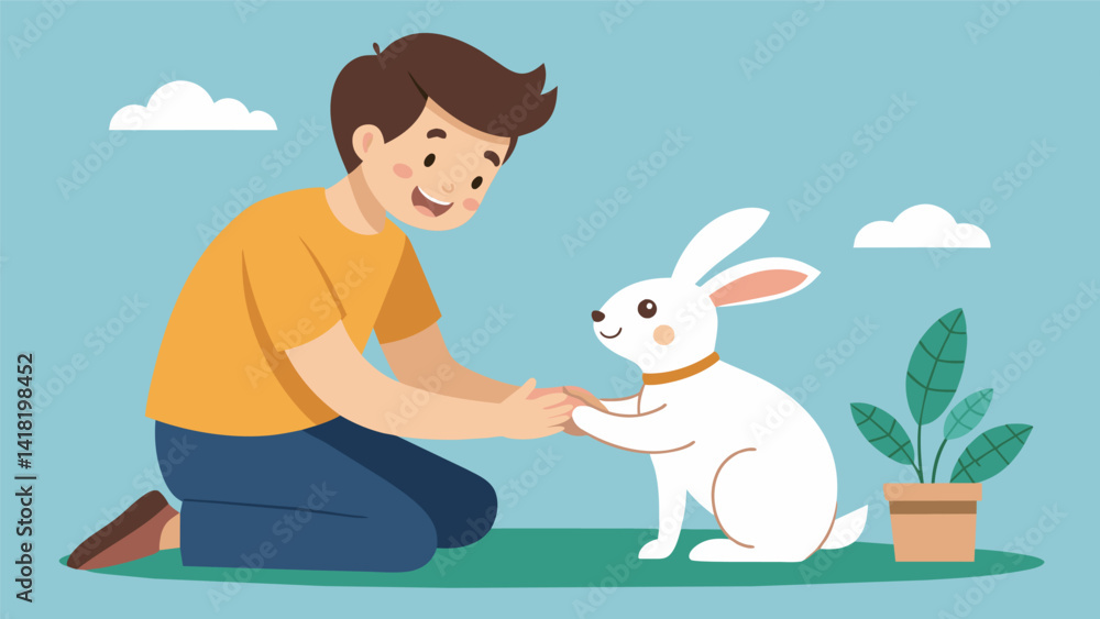 Poster a father showing his son how to be gentle with their newly adopted rabbit both smiling with pure hap