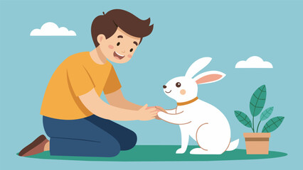 A father showing his son how to be gentle with their newly adopted rabbit both smiling with pure happiness.. Vector illustration