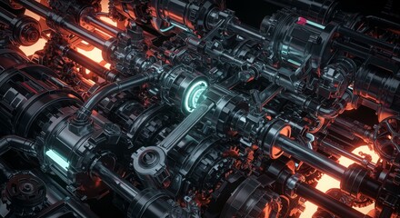 Glowing Mechanical Heart: Futuristic Industrial Artwork - Intricate gears, glowing energy, metallic textures, industrial design, futuristic technology. Symbolizes power, innovation, complexity