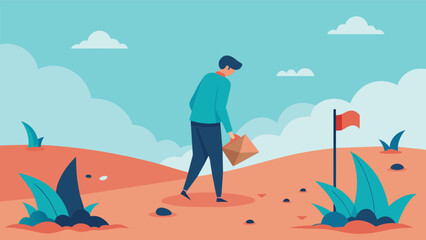 A person walking through a field burying a letter addressed to themselves in a specific spot to be discovered in the future.. Vector illustration
