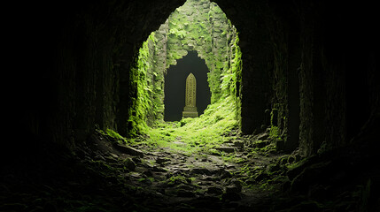 Fototapeta premium Pixelated Ancient Cave Passageway With Overgrown Plants