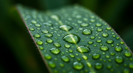 Macro Close-Up of Water Droplets on Vibrant Green Leaf