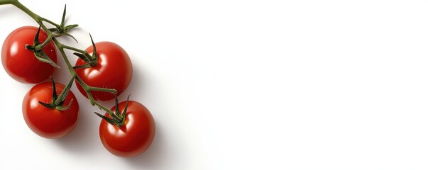 A cluster of vibrant red tomatoes on a vine against a minimalist white background, showcasing their freshness and appeal.