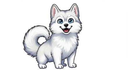 Obraz premium Happy Husky Puppy - Adorable cartoon husky puppy, blue eyes, fluffy tail, joyful expression, white background. Symbolizing happiness, playfulness, companionship, loyalty, and cuteness