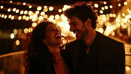 A laughing couple enjoys a romantic night under warm, fairy lights