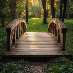 Wooden bridge in a forested park with sunlight filtering through.